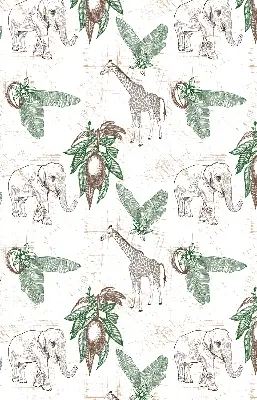 Blackout roller blind with a giraffes, elephants and leaves pattern