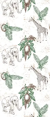 Blackout roller blind with a giraffes, elephants and leaves pattern