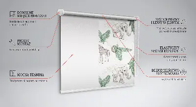 Blackout roller blind with a giraffes, elephants and leaves pattern
