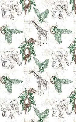 Blackout roller blind with a giraffes, elephants and leaves pattern