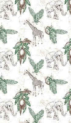 Blackout roller blind with a giraffes, elephants and leaves pattern