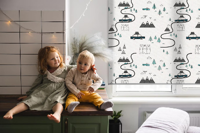 Blackout roller blind with a forest and mountain path pattern