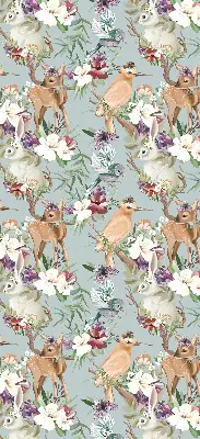 Blackout roller blind with roe deer, birds, and rabbits pattern