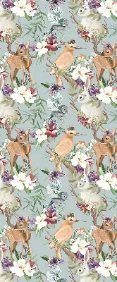 Blackout roller blind with roe deer, birds, and rabbits pattern