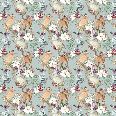 Blackout roller blind with roe deer, birds, and rabbits pattern