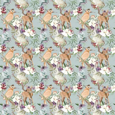 Blackout roller blind with roe deer, birds, and rabbits pattern