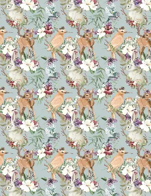 Blackout roller blind with roe deer, birds, and rabbits pattern
