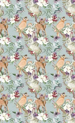Blackout roller blind with roe deer, birds, and rabbits pattern