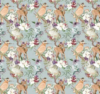 Blackout roller blind with roe deer, birds, and rabbits pattern