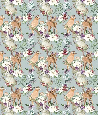 Blackout roller blind with roe deer, birds, and rabbits pattern