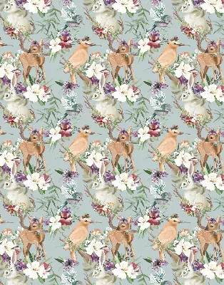 Blackout roller blind with roe deer, birds, and rabbits pattern