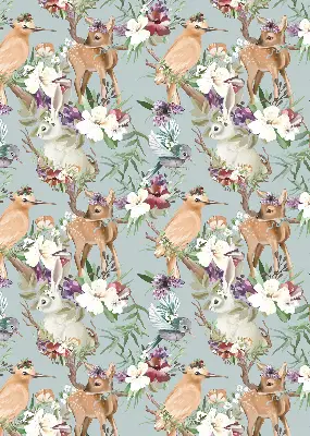Blackout roller blind with roe deer, birds, and rabbits pattern