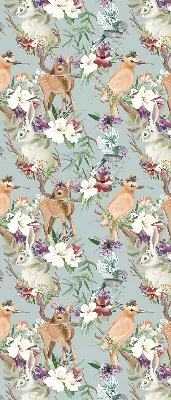 Blackout roller blind with roe deer, birds, and rabbits pattern