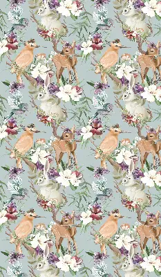 Blackout roller blind with roe deer, birds, and rabbits pattern