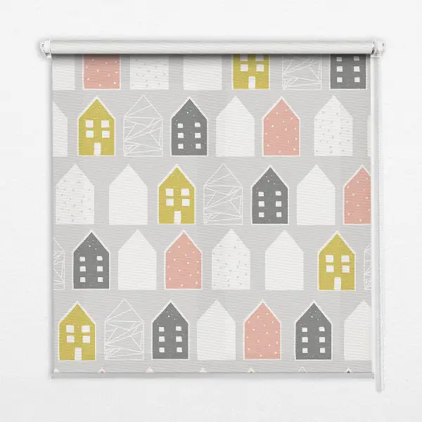 Fabric window roller blind with drawn houses pattern
