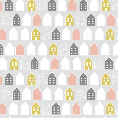 Fabric window roller blind with drawn houses pattern