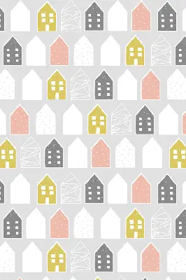 Fabric window roller blind with drawn houses pattern