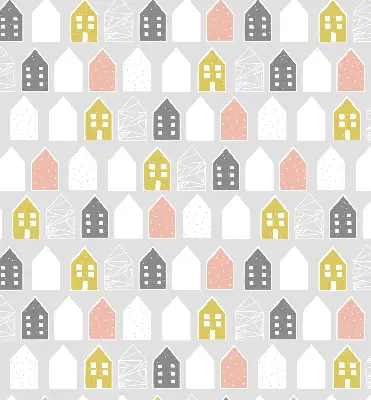 Fabric window roller blind with drawn houses pattern
