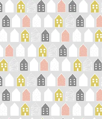 Fabric window roller blind with drawn houses pattern