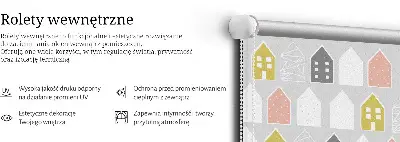 Fabric window roller blind with drawn houses pattern