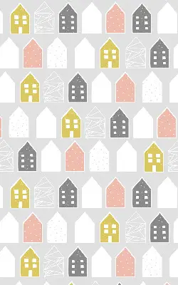 Fabric window roller blind with drawn houses pattern