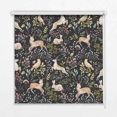 Fabric roller blind for window with roe deer, birds, and rabbits print