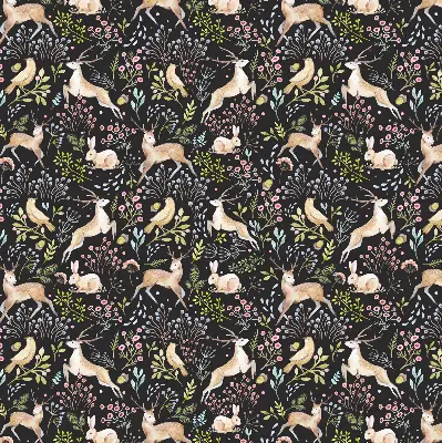 Fabric roller blind for window with roe deer, birds, and rabbits print