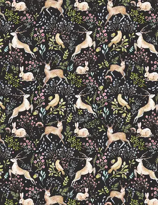 Fabric roller blind for window with roe deer, birds, and rabbits print