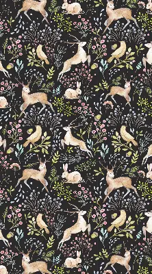 Fabric roller blind for window with roe deer, birds, and rabbits print