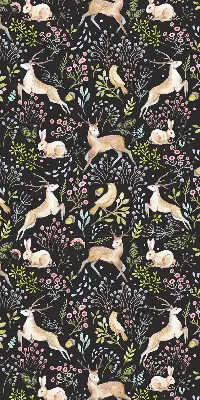 Fabric roller blind for window with roe deer, birds, and rabbits print