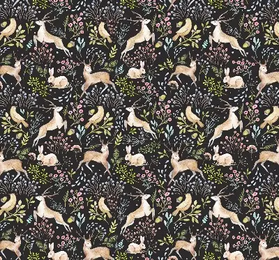 Fabric roller blind for window with roe deer, birds, and rabbits print