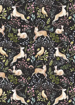 Fabric roller blind for window with roe deer, birds, and rabbits print