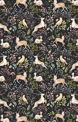 Fabric roller blind for window with roe deer, birds, and rabbits print