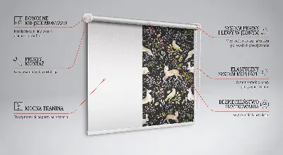 Fabric roller blind for window with roe deer, birds, and rabbits print