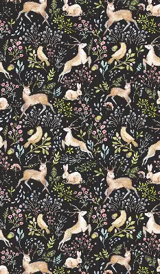 Fabric roller blind for window with roe deer, birds, and rabbits print