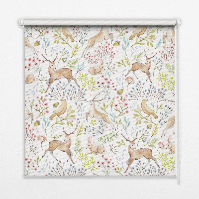 Blackout roller blind with roe deer, birds, and rabbits print