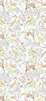 Blackout roller blind with roe deer, birds, and rabbits print