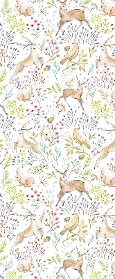 Blackout roller blind with roe deer, birds, and rabbits print