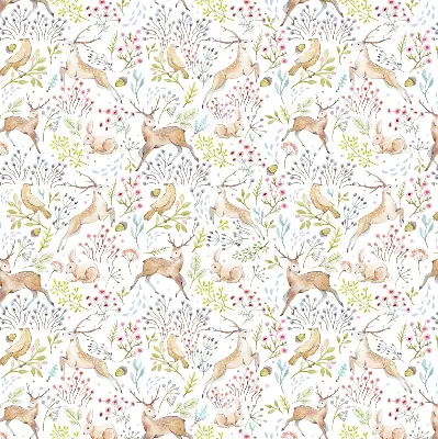 Blackout roller blind with roe deer, birds, and rabbits print