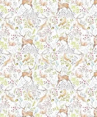 Blackout roller blind with roe deer, birds, and rabbits print