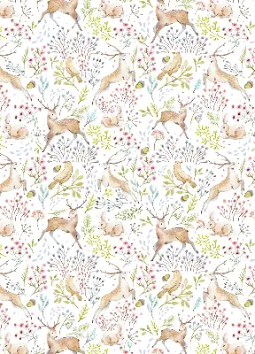 Blackout roller blind with roe deer, birds, and rabbits print