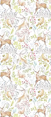 Blackout roller blind with roe deer, birds, and rabbits print