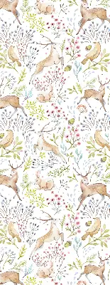 Blackout roller blind with roe deer, birds, and rabbits print
