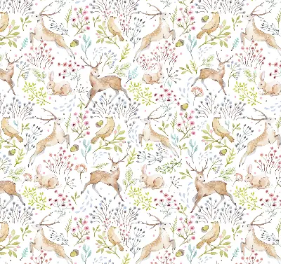 Blackout roller blind with roe deer, birds, and rabbits print