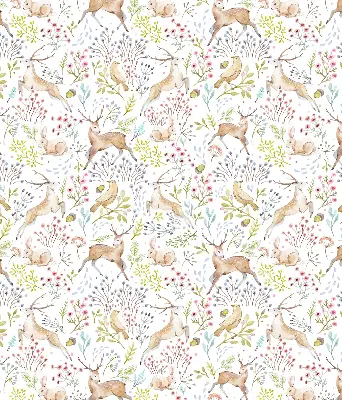 Blackout roller blind with roe deer, birds, and rabbits print