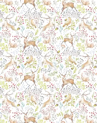 Blackout roller blind with roe deer, birds, and rabbits print