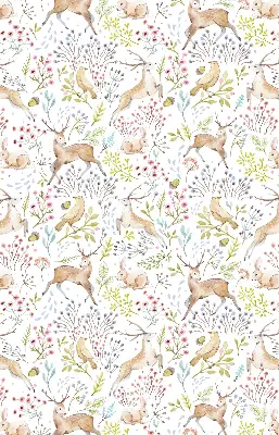 Blackout roller blind with roe deer, birds, and rabbits print