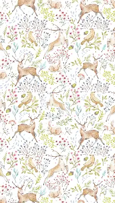 Blackout roller blind with roe deer, birds, and rabbits print