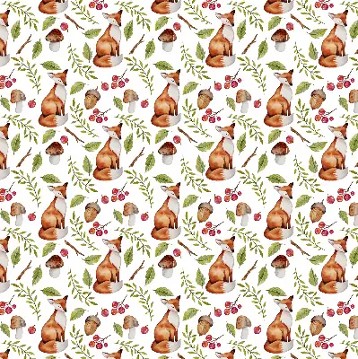 Blackout roller blind with foxes, mushrooms, and leaves print