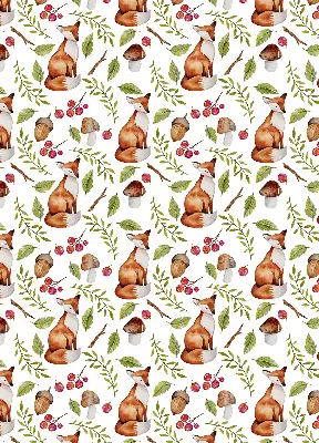 Blackout roller blind with foxes, mushrooms, and leaves print